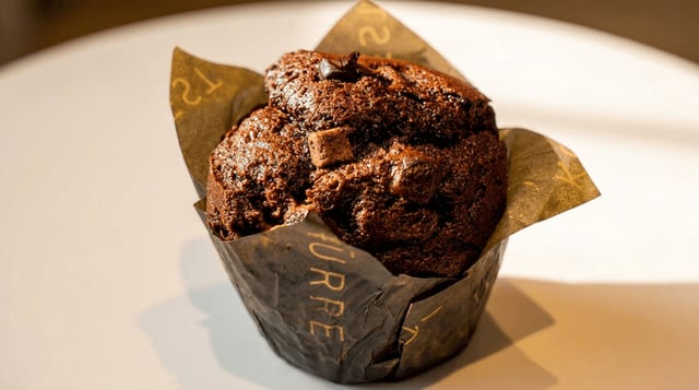 Toasted Double Chocolate Chip Muffin with Butter.